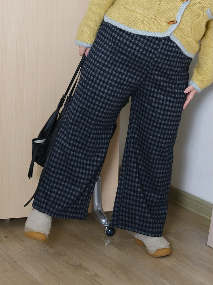 

Zooobaby09 Корейские легкие шерстяные брюки в клетку в стиле ретро, прямые брюки для женщин больших размеров, брюки прямого кроя