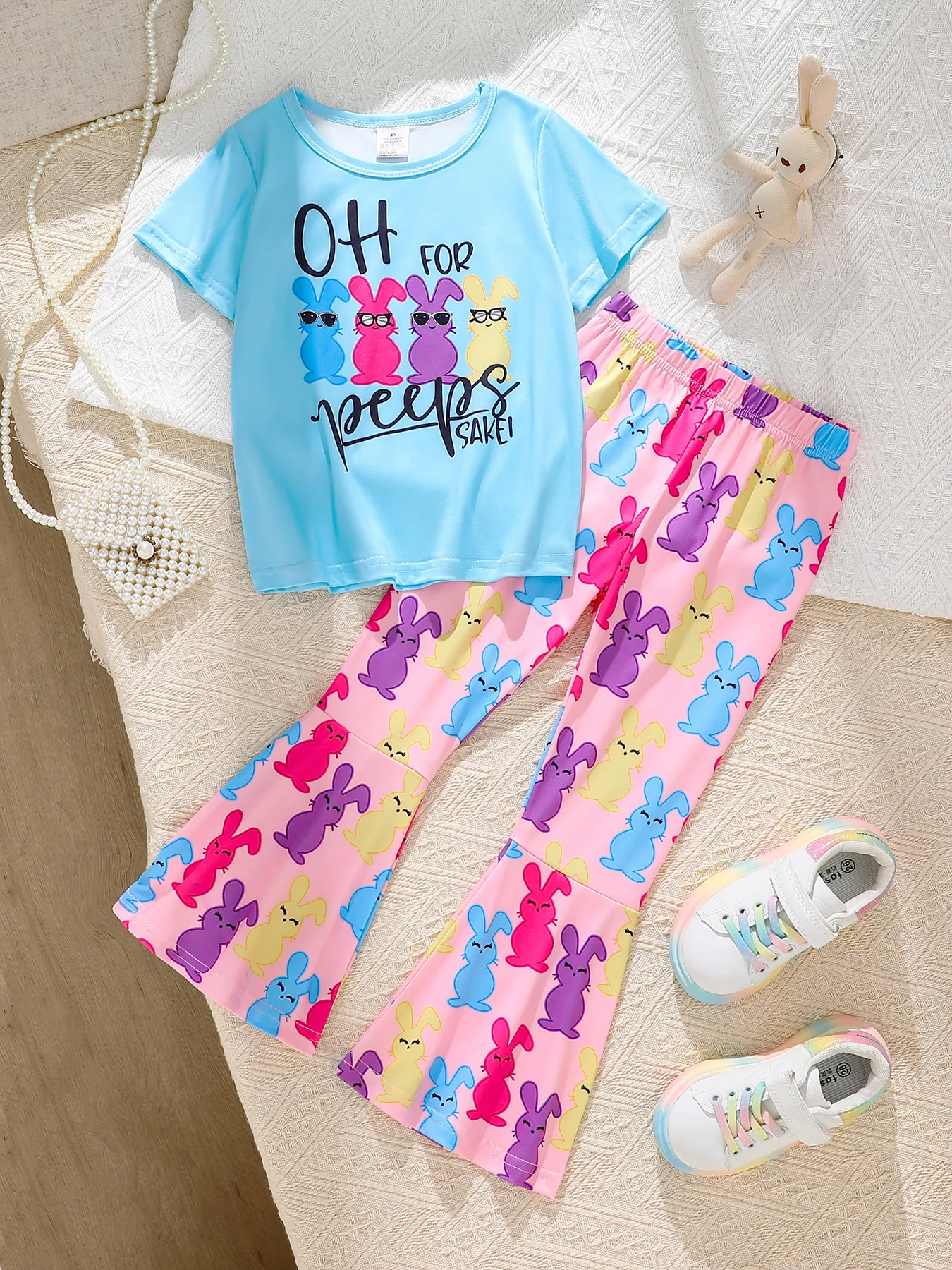 2-Piece Set for Girls: Casual and Simple Summer Long Pants Set, Toddler Girls' Colorful Rabbit Letter Print Round Neck Short Sleeve Top + Elastic Colorful Rabbit All-Over Print Flared Pants, Everyday Versatile Outdoor Leisure Party Children's Clothing, Girlish, Stylish, Playful and Cute Outfit