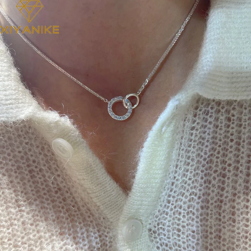 XIYANIKE Shiny Rhinestone Double Circle Pendant Necklace For Women Girl Clavicle Choker Fashion Jewelry Gift Party collier femme