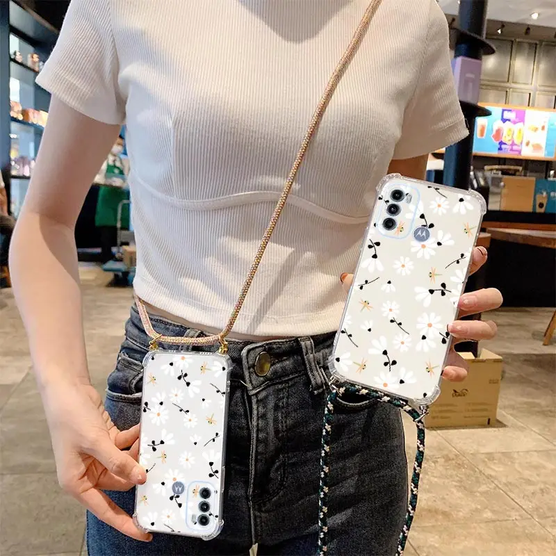 Daisy Flower Transparent Crossbody Lanyard Phone Case For Motorola Moto G60 G30 G82 G53 G22 G10 G9Play G52 G42 E7Power E20 Cover