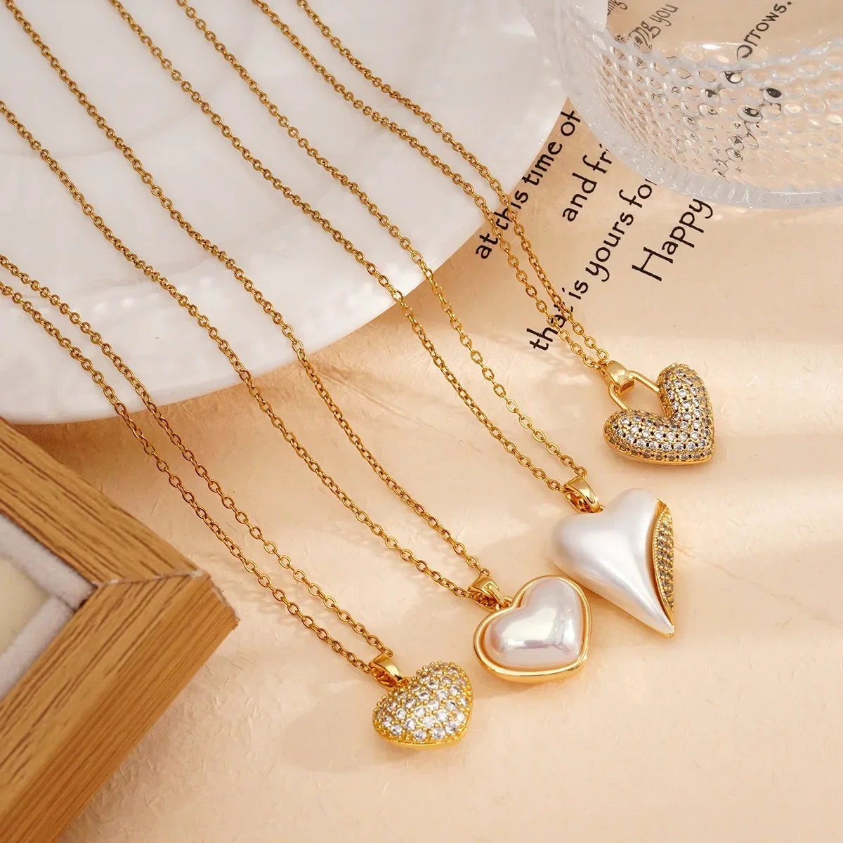 Stainless Steel Chain Creative 2 Sides Zircon Heart Pendant Necklaces for Women Girls Trendy Collar Accessories Jewelry Gifts