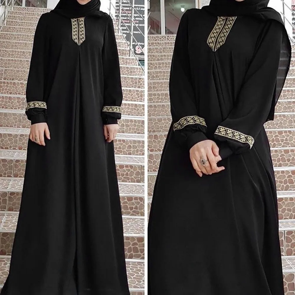 Muslim Abaya Ethnic Style Print Islam Abaya Dress Solid Color Loose Casual Robe Femme Musulman for Middle East Arabia