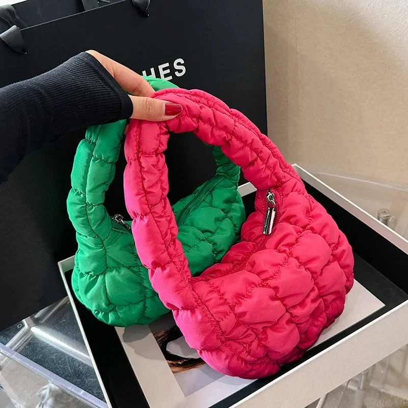 Fashion Mini Puffer Tote Bag Quilted Circle Phone Purse Elegant Purple Soft Nylon Padded Key Pouch Simple Trend Handbag