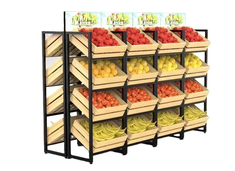 Supermarket Heavy Duty 4-Layer Wooden Display Rack Metallic Stand for Fruits and Vegetables OEM Supplier