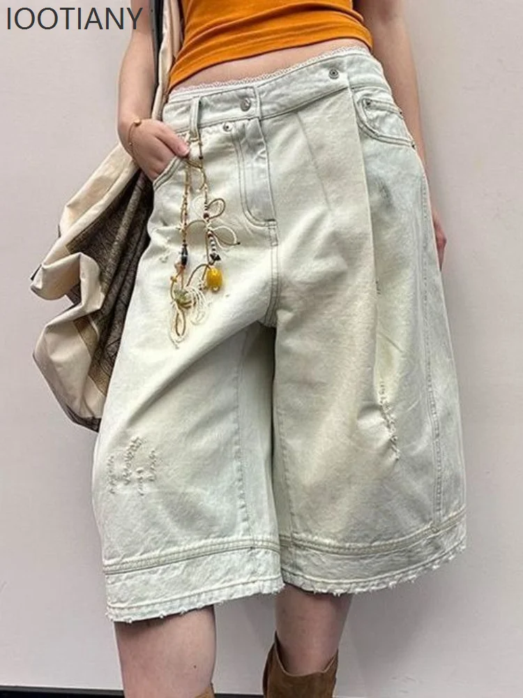 

IOOTIANY Ripped Women Boyfriend Short Jeans Harajuku Washed Wide Leg High Waist Straight Jorts Baggy Punk American Retro Casual