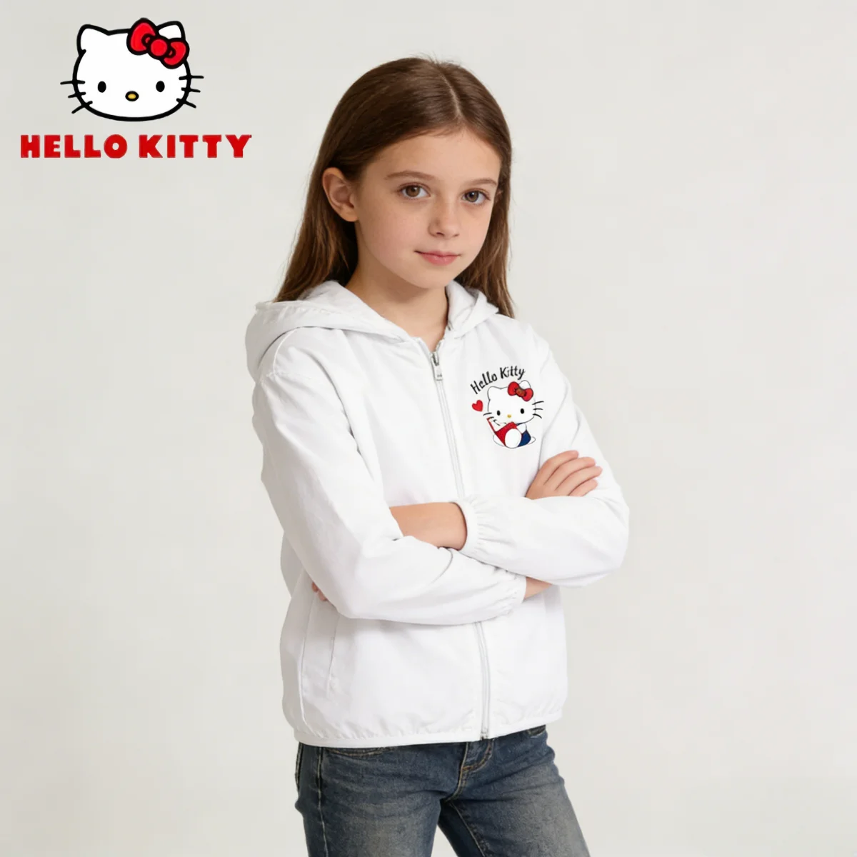

Hello Kitty Kids Lightweight Breathable Sunscreen Jacket Girl Cute Pattern Hooded UV-Proof Jacket Anti-sunburnt Hooded Outerwear