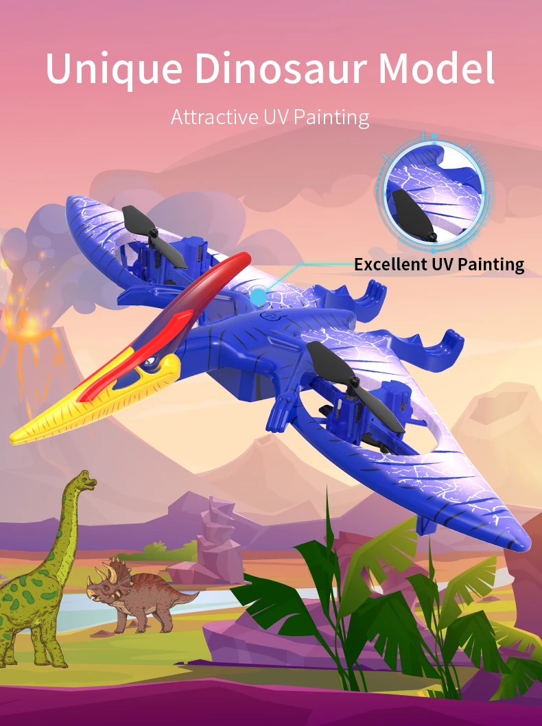 Drone de controle remoto de dinossauro luminoso colorido com efeito de som brinquedo de aeronave de simulação de 4 eixos para crianças