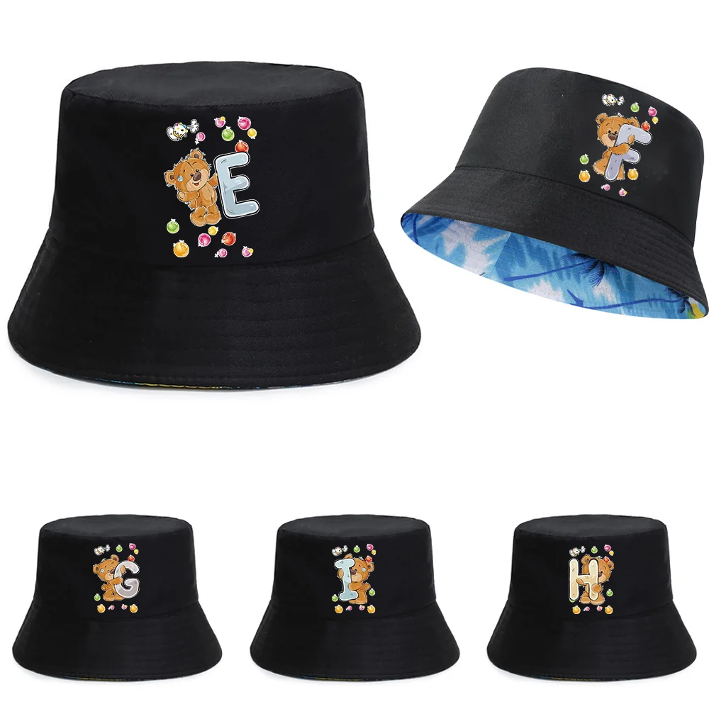 

New Unisex Double-sided Fisherman Caps Summer Outdoor UV-proof Visors Cap Pure Cotton Panama Hat Bear Letter Print Fishing Hats