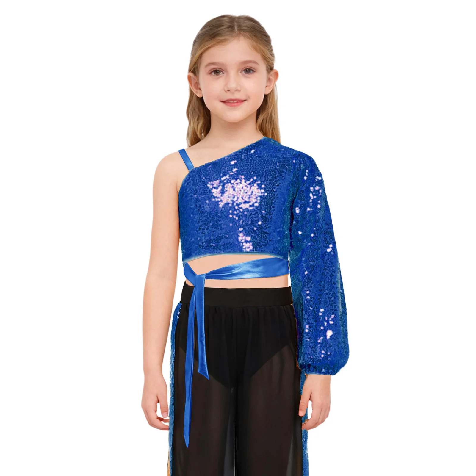 

Kids Girls Jazz Hip-hop Dance Crop Top Shiny Sequined One Shoulder Long Sleeve Side Zipper Self-Tie Top Fashion Street Dancewear