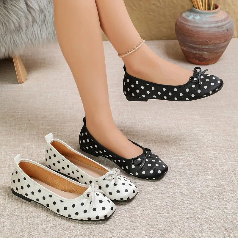 Spring Autumn Elegant Polka Dot Bow Women's Flats and Loafers 2026 Fashion Comfort Shallow Square Toe Women Shoes  