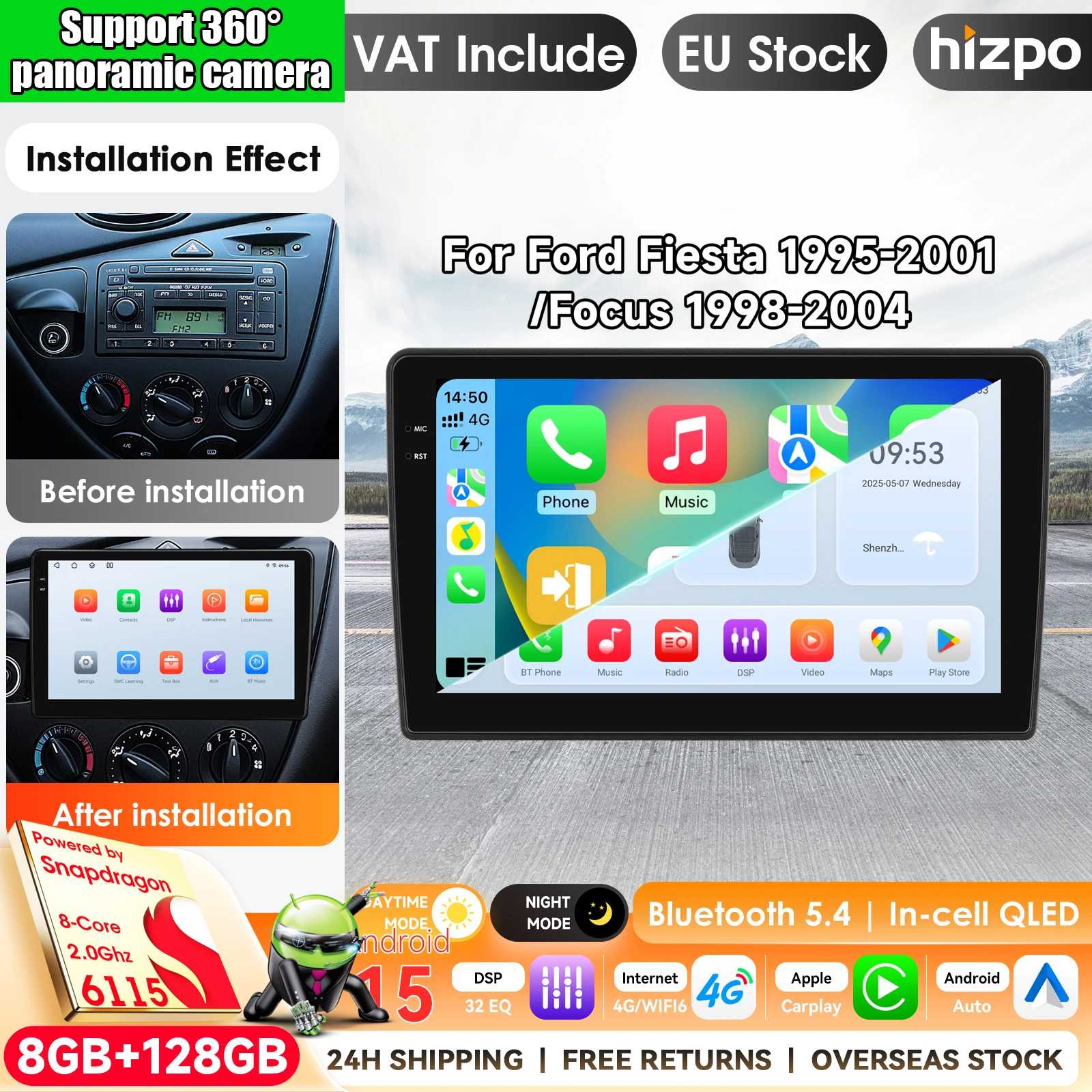 Hizpo Smart Car Systems Radio für FORD FIESTA 1995-2001 FOCUS 1998-2004 Auto-Multimedia GPS 2din Autoradio Wireless CarPlay Android Auto WIFI Navigation GPS Auto-KI-Intelligente Systeme Haupteinheit