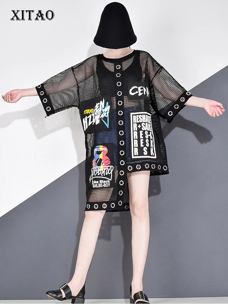 Xitao-女性用のくり抜かれたTシャツ,夏のストリートウェア,韓国スタイル,印刷された文字,黒のネットトップ,wbb3401