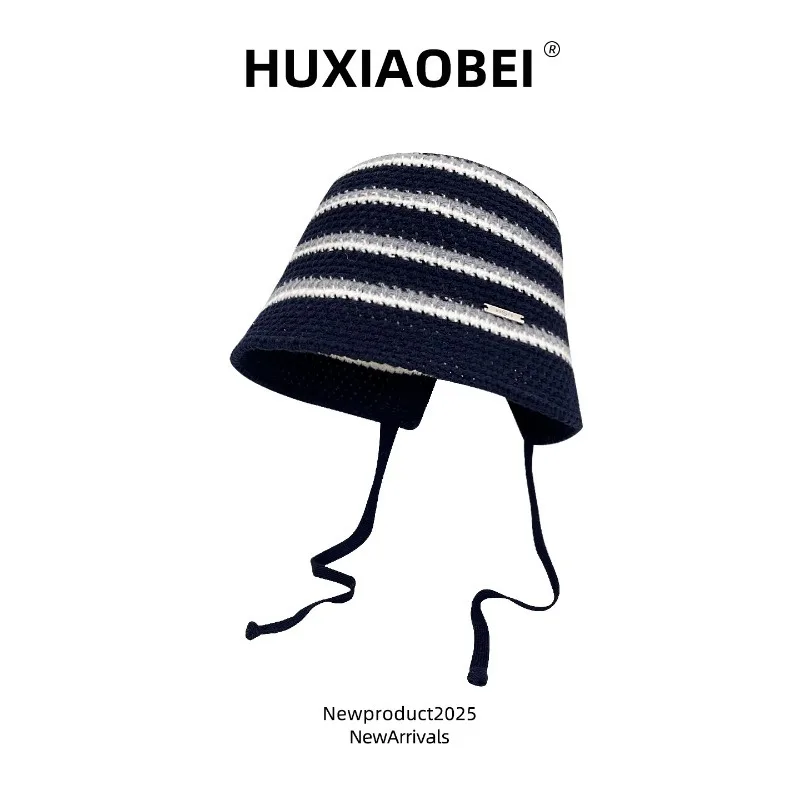 اليابانية بسيطة مخطط حزام واسعة حافة محبوك قبعة المرأة الربيع والخريف موضة في الهواء الطلق تنوعا الدافئة قبعات دلو عادية #2
