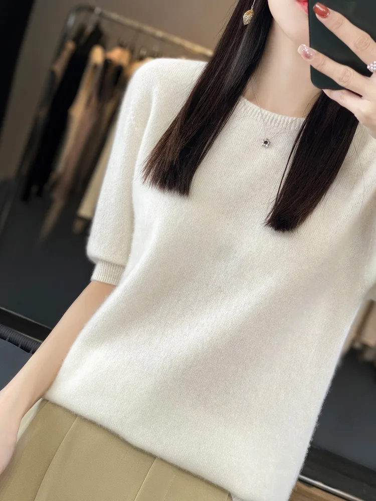 Fashion 100% Merino Wool Women Tops Knitwear Sweater O-Neck Half Sleeve Cashmere Pullover Spring Autumn Clothing Jumper Soft