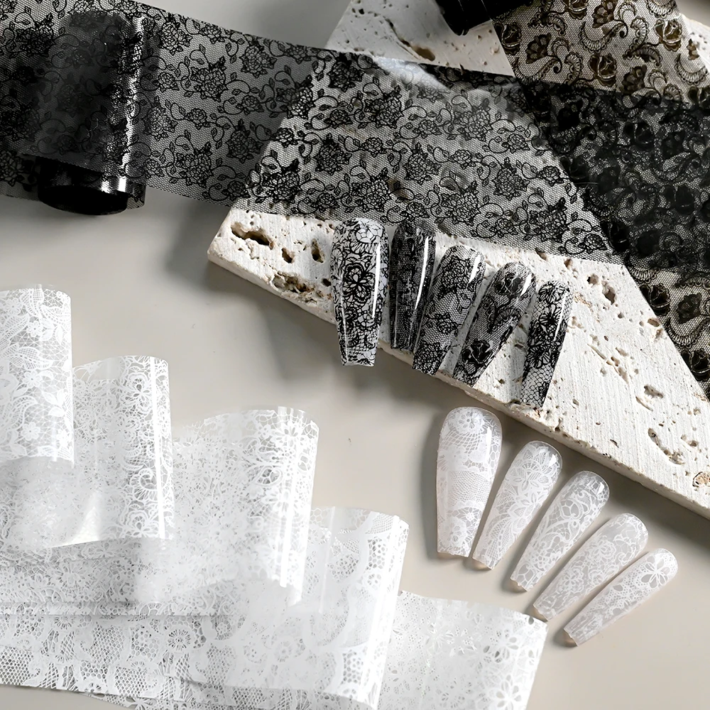 10 rotoli/scatola adesivo per lamina per unghie in pizzo bianco nero foglio di trasferimento fiore decalcomanie per nail art adesivi per manicure decorazione unghie acriliche