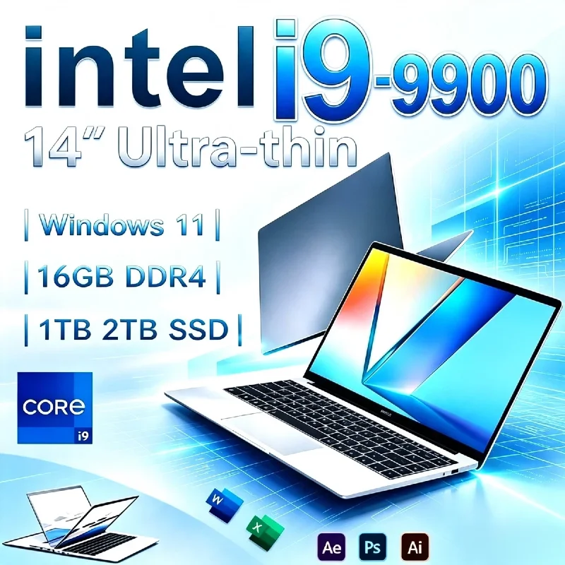 High‑Performance 14.1 Inch Slim Notebook Intel Core i9‑9900 Laptop 16GB 32GB RAM 1TB 2TB SSD 19201080 FHD for Office Work