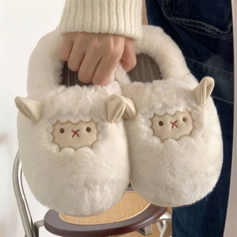 Lamb Cotton Slippers Cute Sheep Women Winter Warm Shoes Plush Lining Indoor Slides Platform High Top Snow Boots Home Slippers