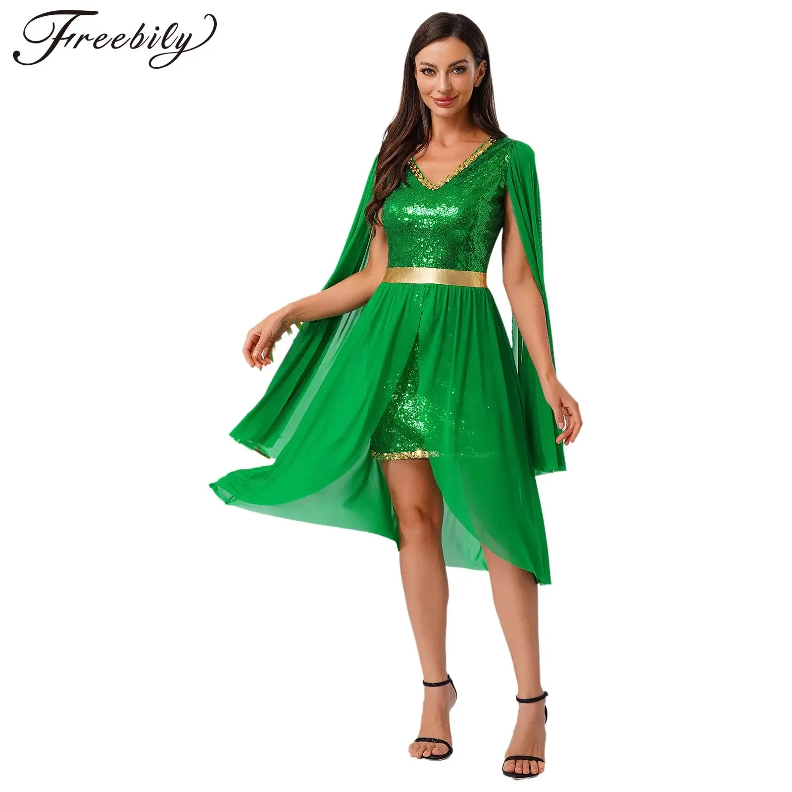 

Women Halloween Forest Elf Butterfly Fairy Princess Cosplay Costume Sleeveless Cape Drape Mesh Overlay Shiny Sequin Pixie Dress