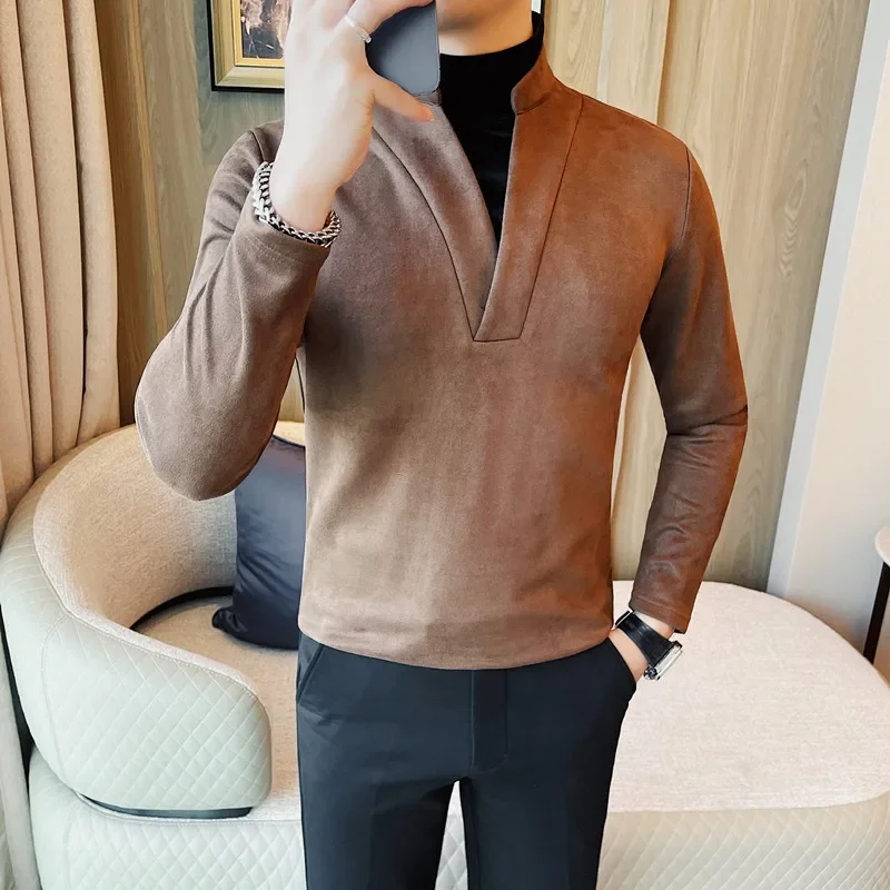 Fashion Fake Two Long Sleeved T-shirts 2024 Autumn Winter New Solid Color Business Slim Fit Casual Tees Men Clothing 4XL-M