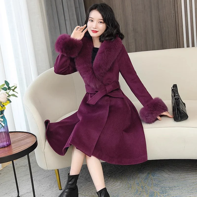 Long Woolen Coat Women\'s Long Outwear 2024 Winter New Thickened Knee Style Large Woolen Collar Loose Waistband Coat With Belt Tr