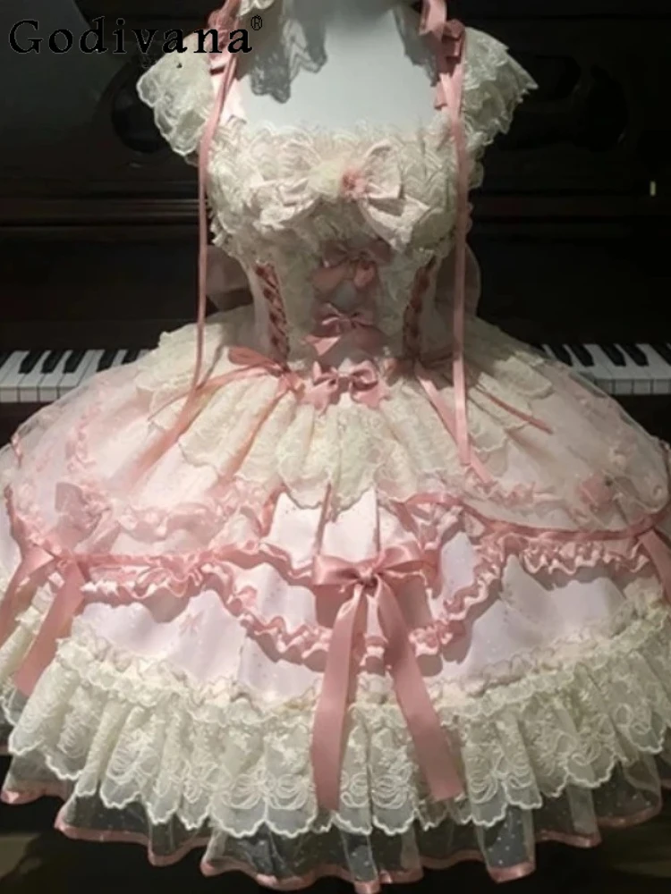 

Fashion Sweet Pink Lolita Elegant Ballet Lace Fairy Dress Spring Summer High Waist A-line Square Neck Tailing Princess Dresses