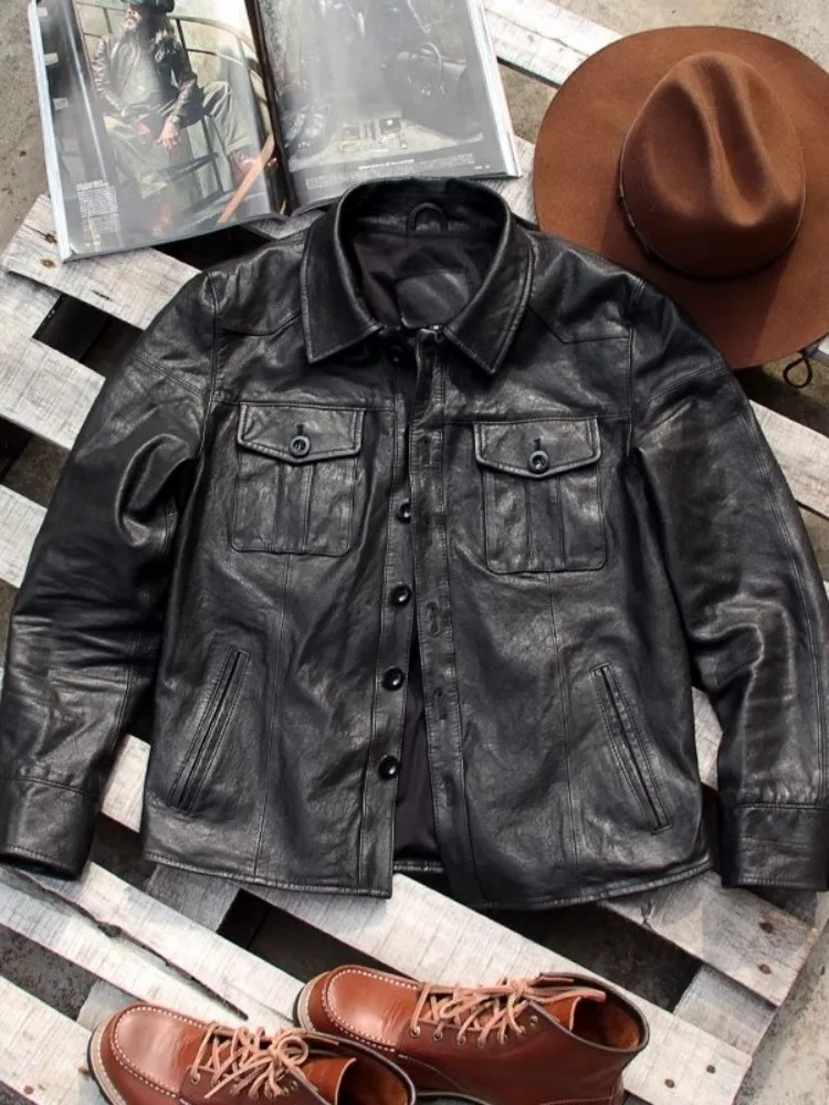 Punk Mens Genuine Leather Jacket Vintage Single Breasted Slim Fit Spring Motorcycle Coat Long Sleeve Cargo Work Male Outerwear