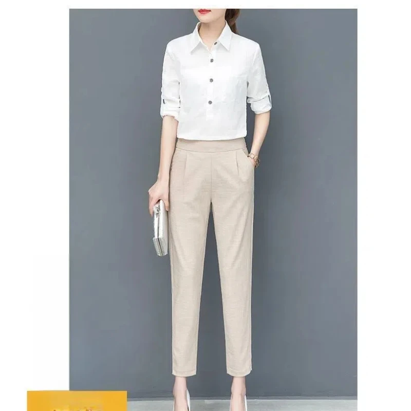 FJPays l-Pantalon court taille haute pour femme, vêtements de bureau, poches élastiques, monochromatique, vacances, printemps, automne