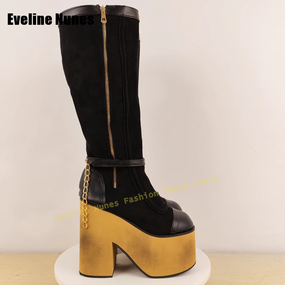 

Модные ботинки на толстой подошве с металлической цепочкой, женские осенние сапоги до колена с круглым носком, увеличивающие рост в стиле пэчворк, новые поступления, тренд 2023 г.