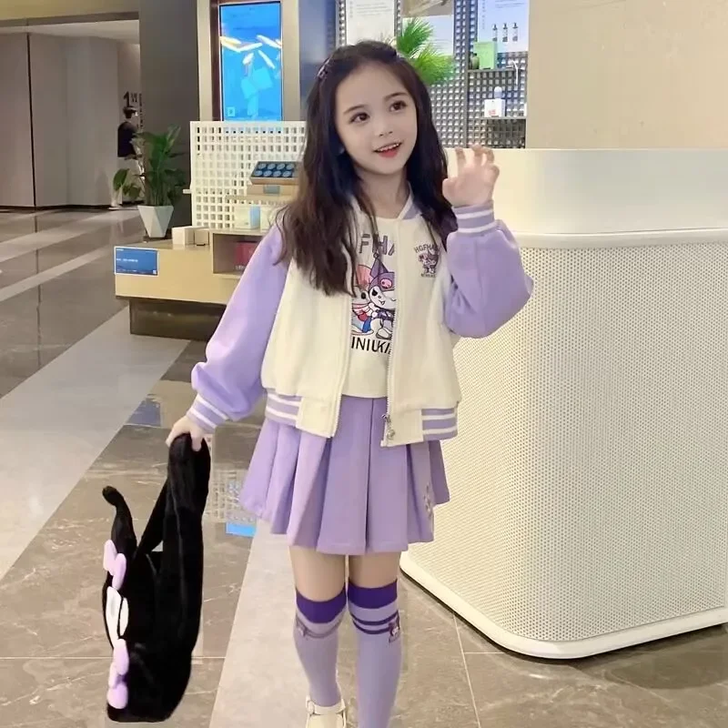 Kawaii Children Kuromi Mlb  Suit MINISO Anime Lovely Girl Fashion Versatile Loose Coat T-shirt Pleated Skirt Three Piece Set