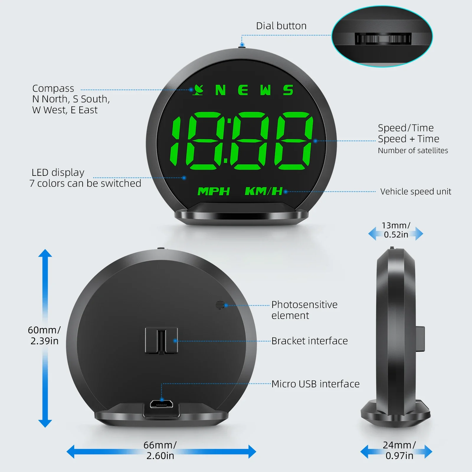 G13 Head Up Display Car HUD Meter Plug and Play 7 Colors Backlight Digital GPS Speedometer Overspeed Alarm KM/H MPH for All Car view 5