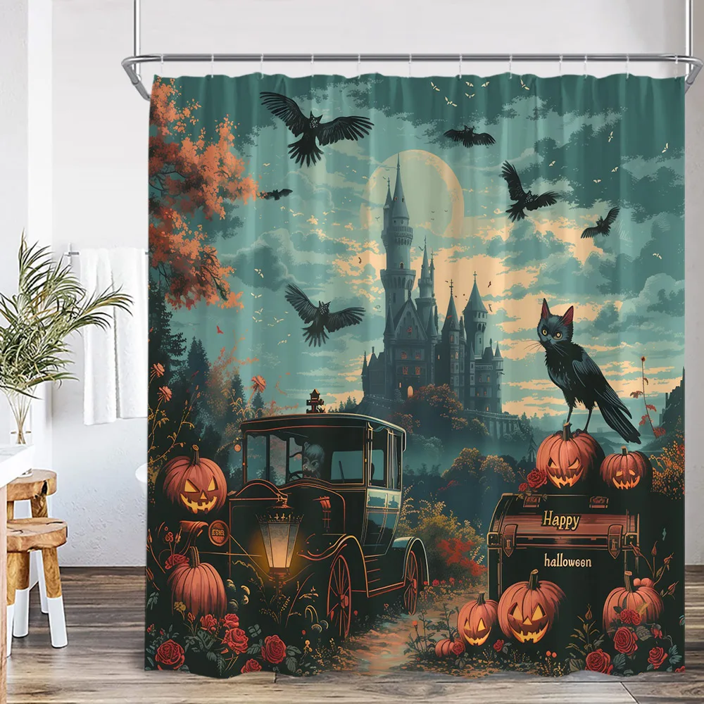 Happy Halloween Shower Curtain Full Moon Night Ghost Gothic Castle Skull Skeleton Bathroom Decor Scary Polyester Bath Curtain