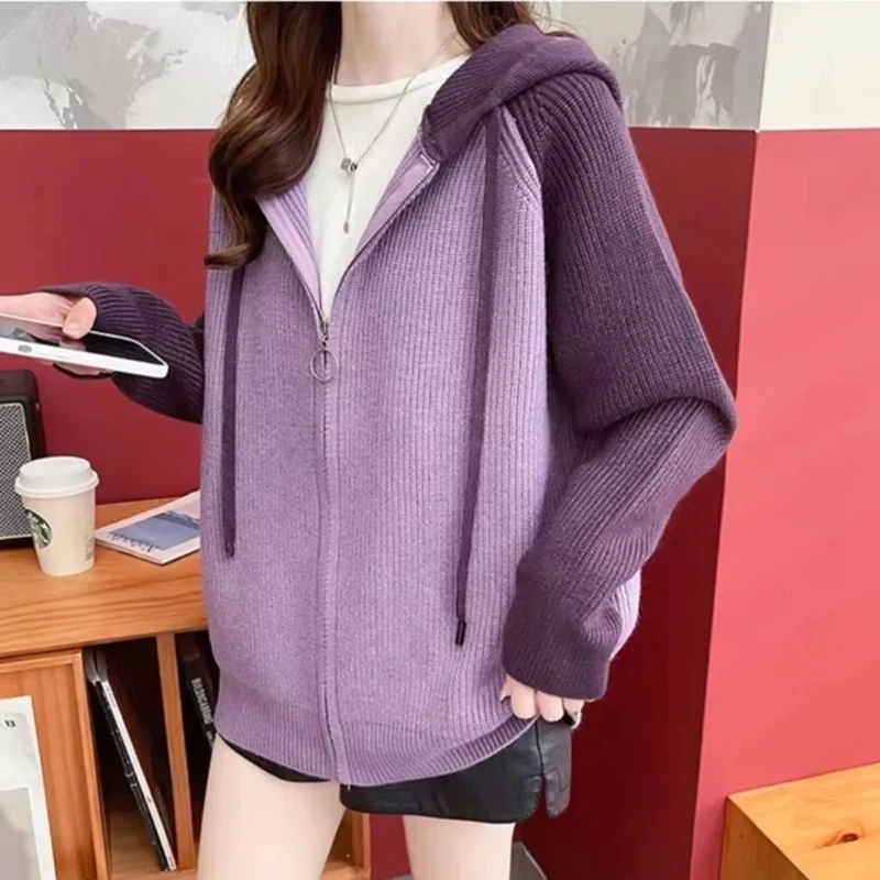 

2024 Spring Autumn New Hooded Splicing Knitt Cardigan Women Korean Fashion Loose Casual Zipper Coat Female Sweater Outerwear Top