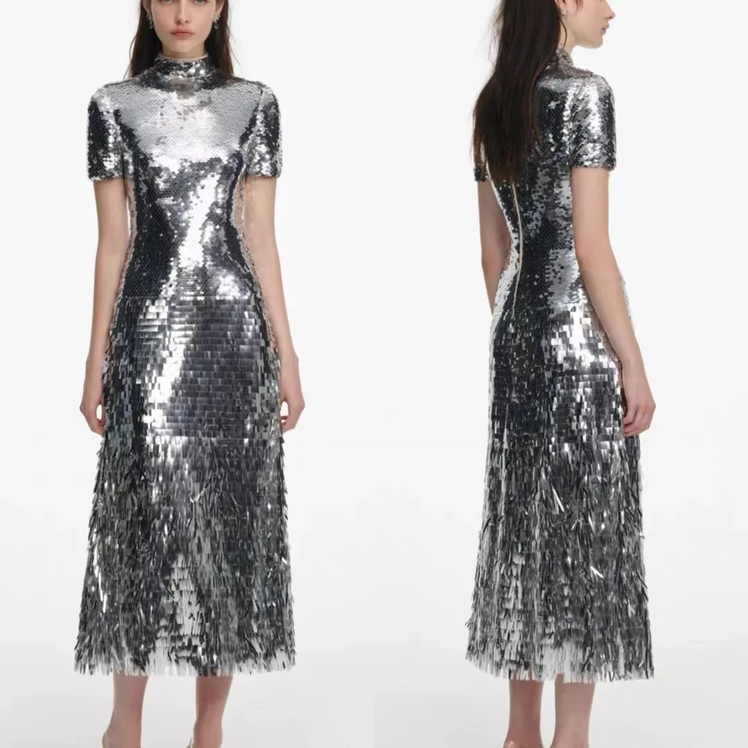 

Women Silver sequin dress fashion gorgeous party midi dress
