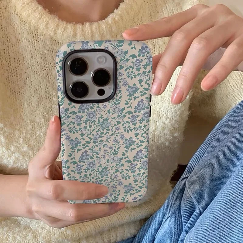 Korean Blue Small Floral Fragments Case for IPHONE 16 15PRO MAX 14 13 12 11 PRO Plus X Acrylic TPU Two in One Mobile Phone Cases