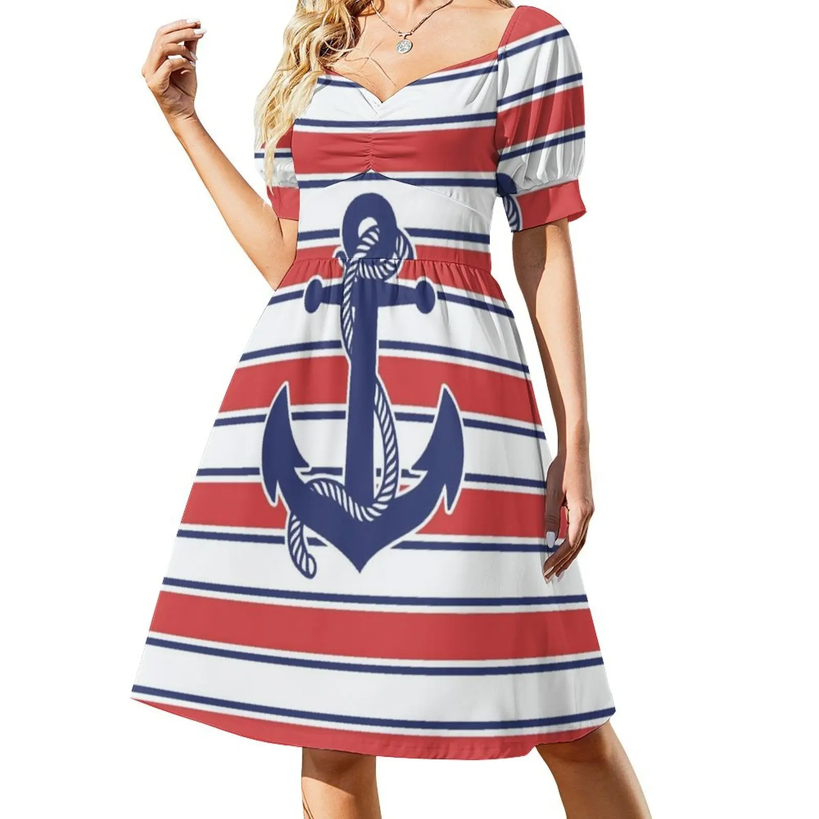 المشارب ومرساة الأزرق والأحمر البوهيمي فستان بلا أكمام متعدد طباعة شاطئ عطلة فستان الحفلات بحار مرساة فتاة المشارب #2