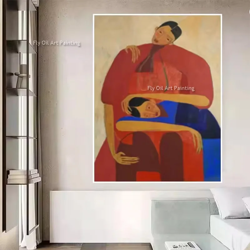 Neues, schlichtes abstraktes Leinwandkunstwerk in Braun und Beige als Dekoration für das Schlafzimmer, spezielles handgemaltes Original-Ölgemälde mit orangefarbenen und gelben Männern