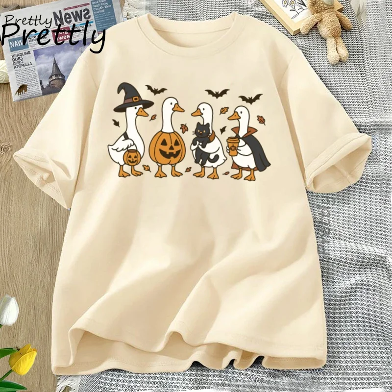 Halloween Goose T-Shirt Ghost Silly Goose Fall T Shirt Spooky Pumpkin Short Sleeve Graphic T Shirts Harajuku Unisex Clothing