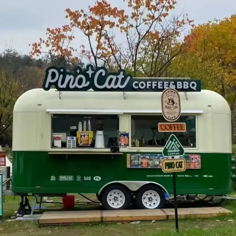 مقطورة طعام متنقلة للوجبات الخفيفة للبيع مطبخ كامل مع عربة متنقلة لتقديم الطعام والوجبات السريعة والبرجر هوت دوج بيتزا والقهوة