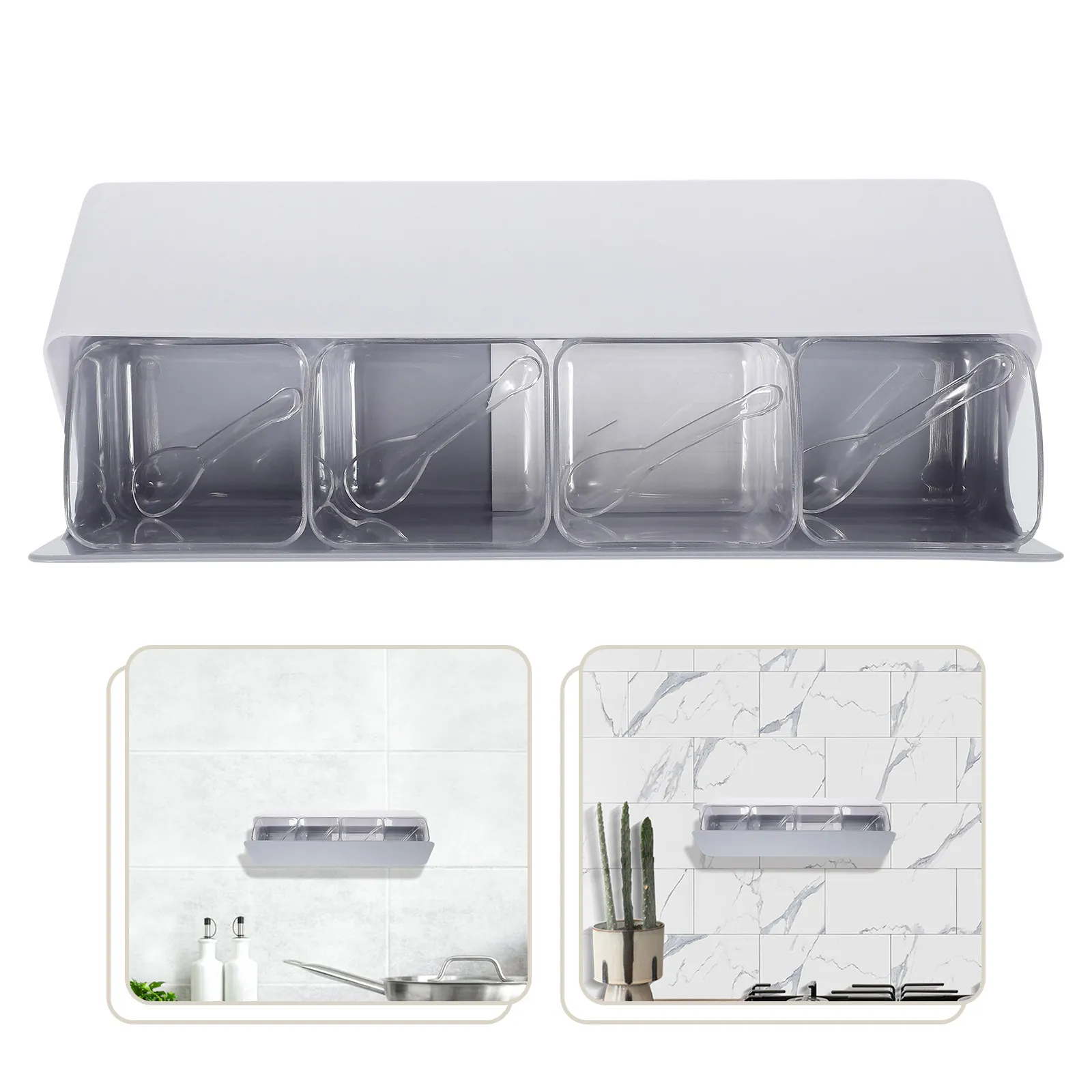 1Set Wall Mounted Spice Rack 4-Grid Seasoning Container Large Capacity Kitchen Storage Organizer Freshness Lid Modern White