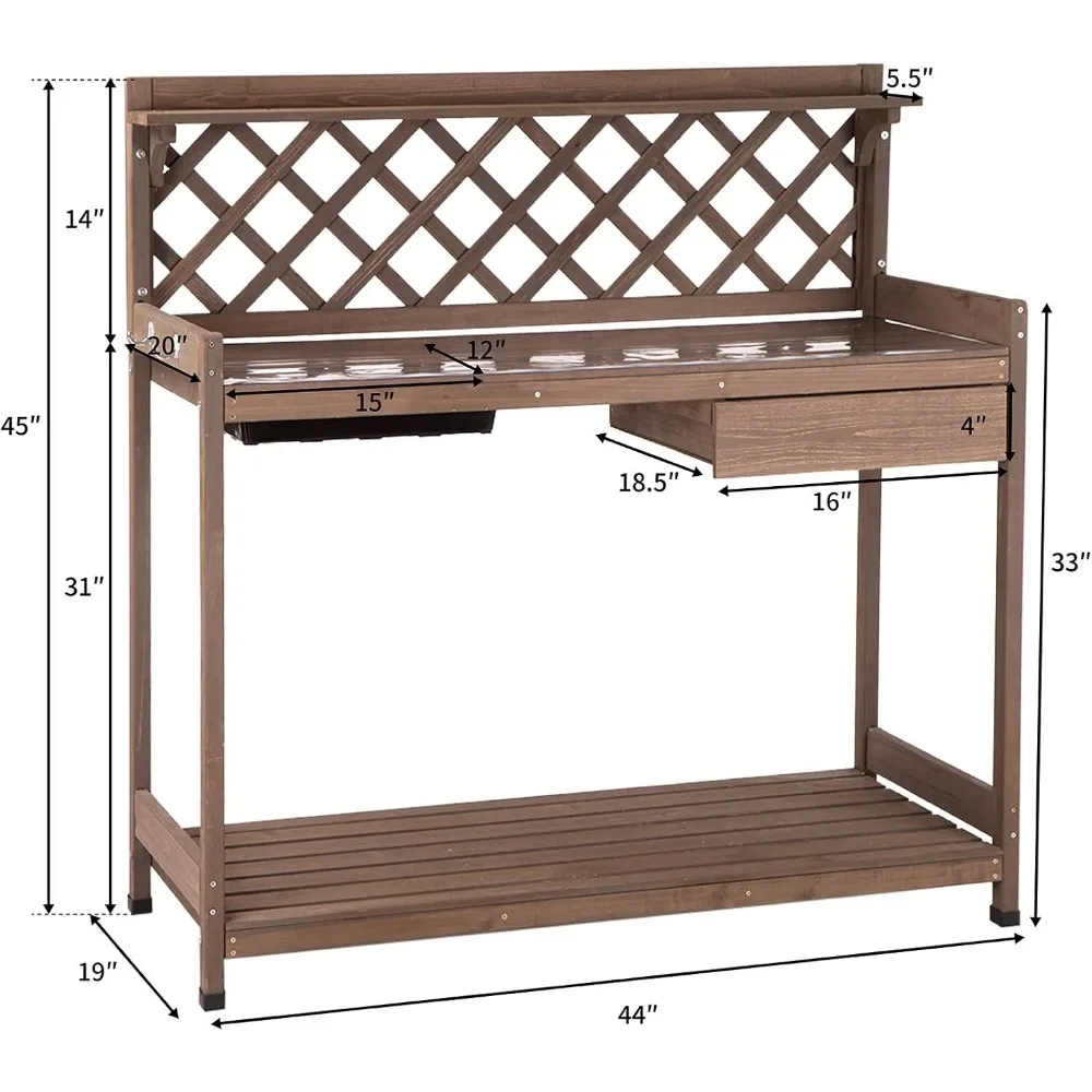 Potting Bench Garden Table for Plants Outside Outdoor Wooden Garden Work Bench with Sink Storage PVC Layer Drawer Shelf Hook