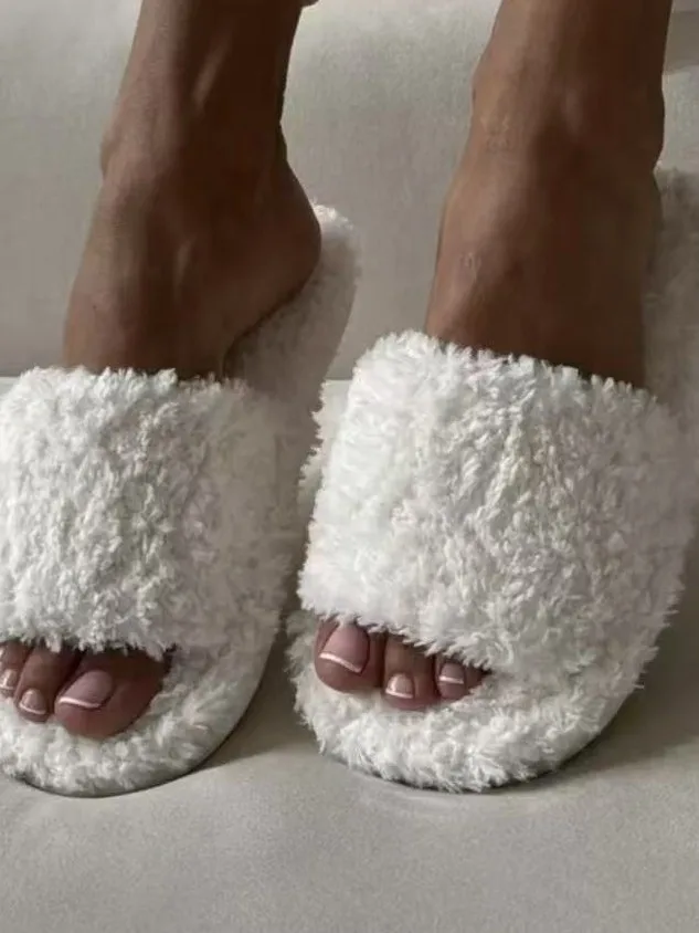 

Женские домашние тапочки из искусственного меха с открытым носком, дышащие, на плоской подошве, с резиновой подошвой, зимние