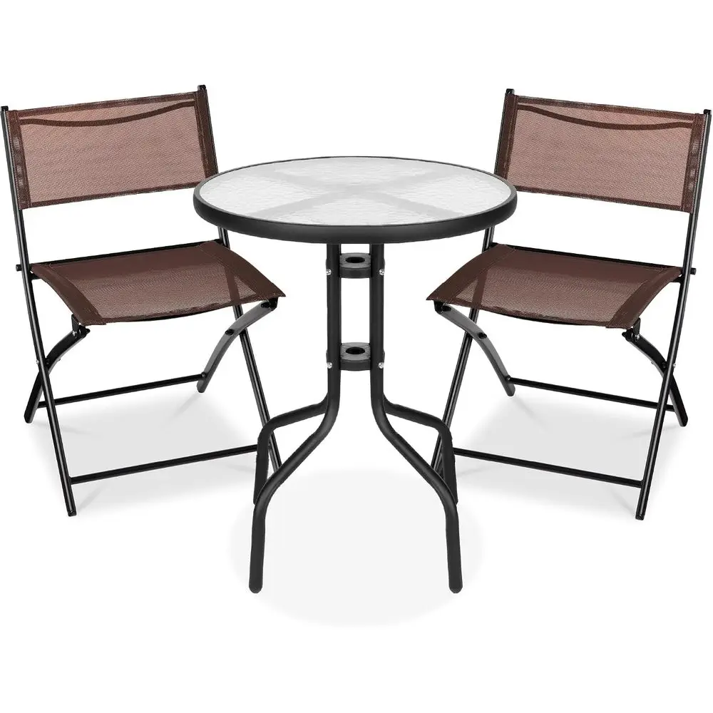 3-Piece Patio Bistro Dining urniture Set w/Textured Glass Tabletop, 2 Steel olding Chairs, Polyester abric - Brown