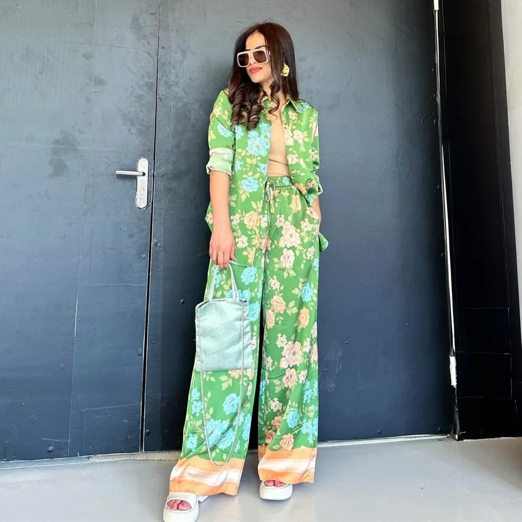 Women Eid Muslim Sets Two Pieces Flowers Blouses Wide Leg Pants Musulman Ensemble Single Breasted Button Dubai Kaftan Loose