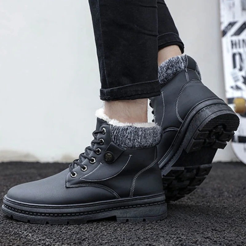 

Men's Winter Snow Boots Waterproof Anti Slip Fleece Lined Thickened Work Boots Lace Up Korean Casual Style Cotton Shoes