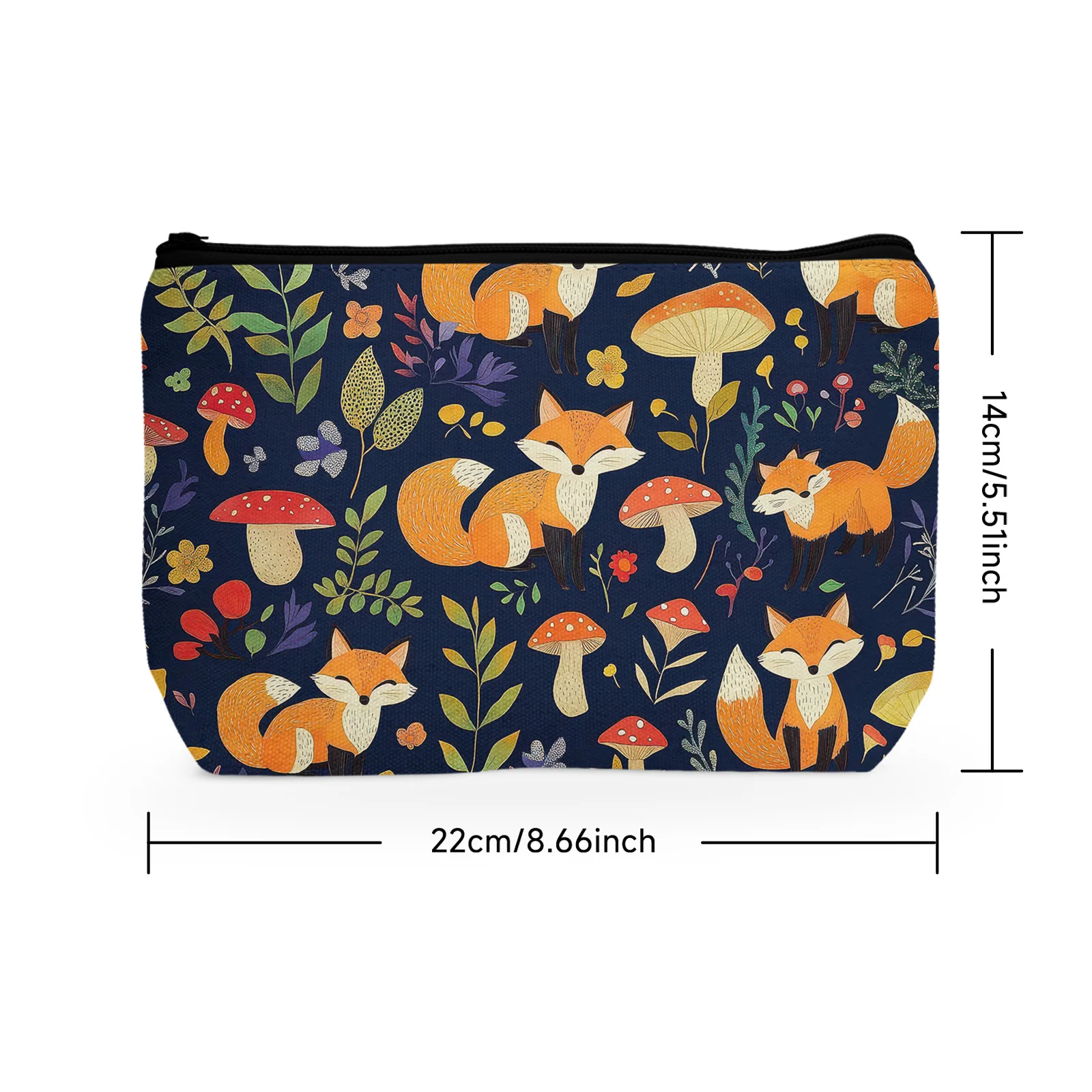 1Pc Cute Cartoon Fox Pattern Cosmetic Bag Mushroom Leaves Plant Animal Theme Black Background Cosmetic Bag