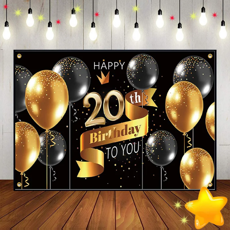 

Happy 20th Birthday Party Photo Background Game Photography Backdrops Girl Golden Custom Backdrop Banner Decoration Balloon Boy