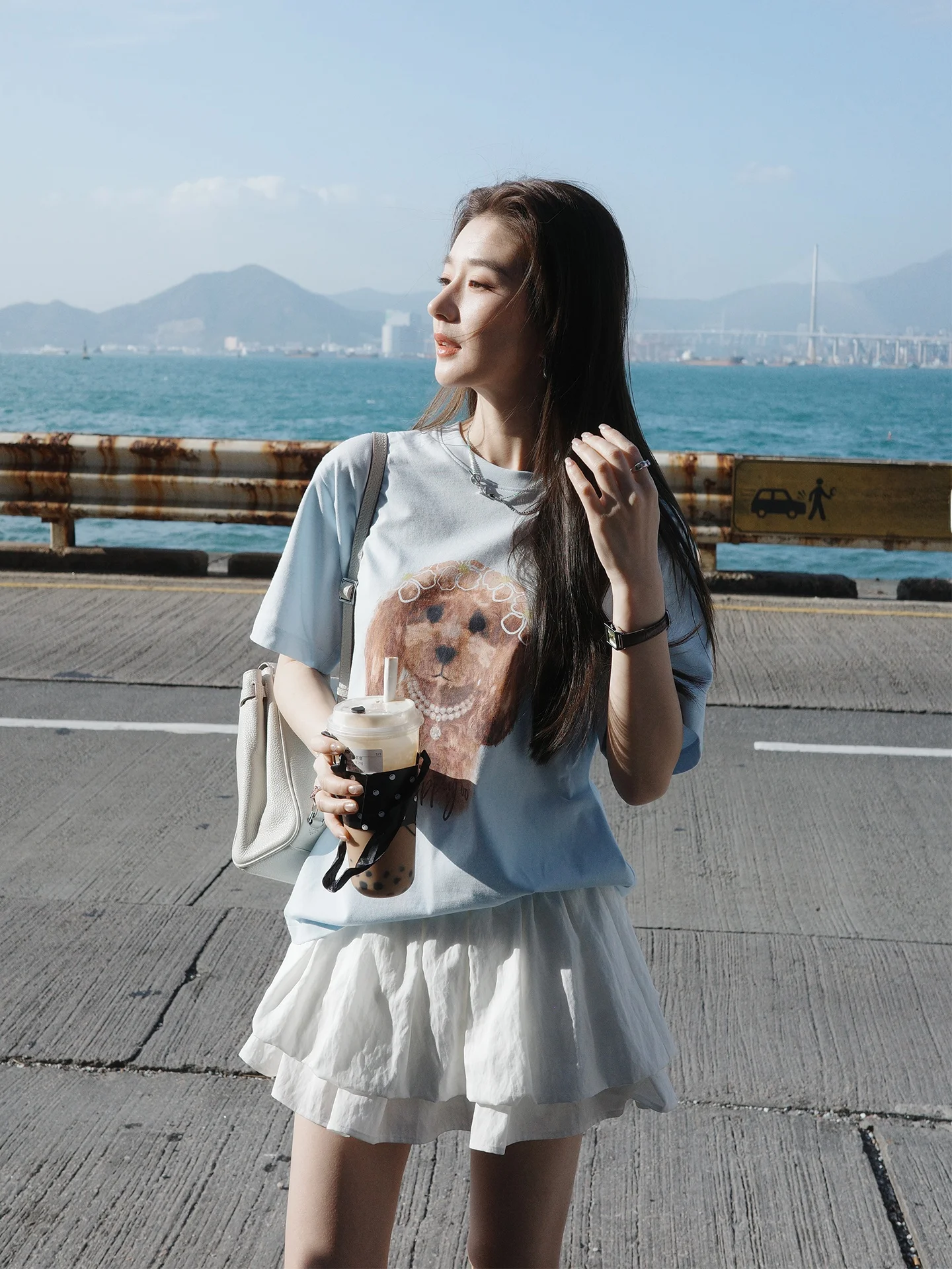 Summer Poem 100% Combed Cotton Loose round Neck Short Sleeve Women's Sweet Puppy Water-Based Print T-Shirt Casual Style Cotto...