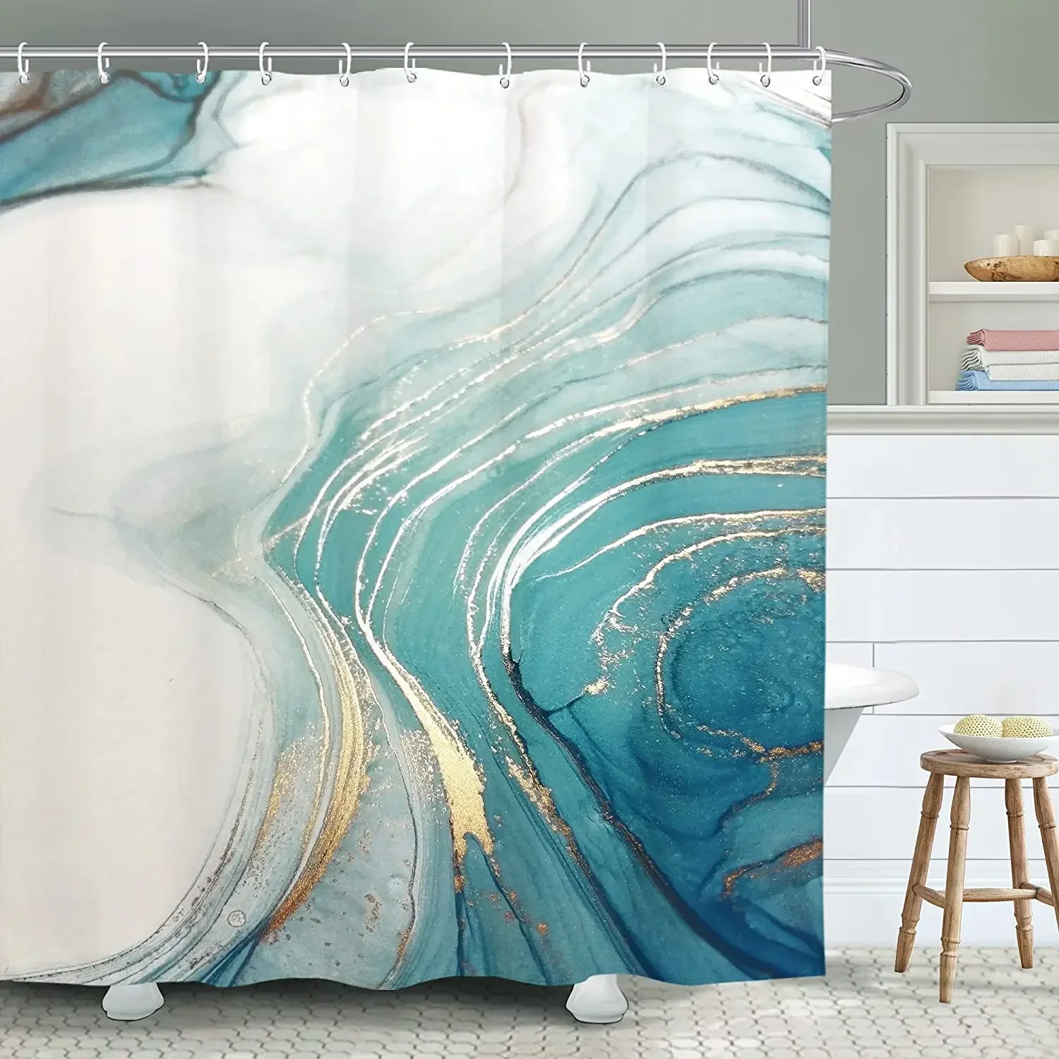 Black Gold Marble Crack Bathroom Shower Curtain Luxury Abstract Deco Textured Geode Art Polyester Fabric Hooks Bath  Curtain Set