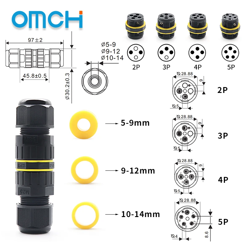 OMCH IP68 M25 Outdoor Waterproof Junction Box 2/3/4/5 Pin With Quick Wire Cable Connector LED Lamp Fast Insertion Terminal