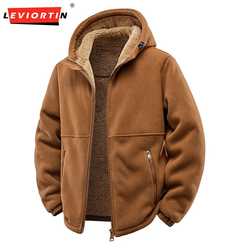 

Мужская флисовая куртка с капюшоном, осень-зима, утепленная теплая флисовая повседневная толстовка, свободная спортивная одежда, пальто из овечьей шерсти